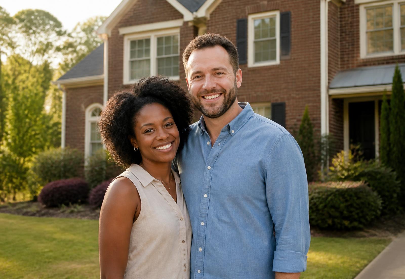 A couple standing together in front of their Alabama home